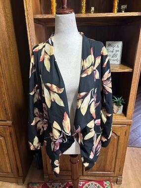 indulge Black Floral Draped Blazer with Yellow and Pink Leaves NWOT